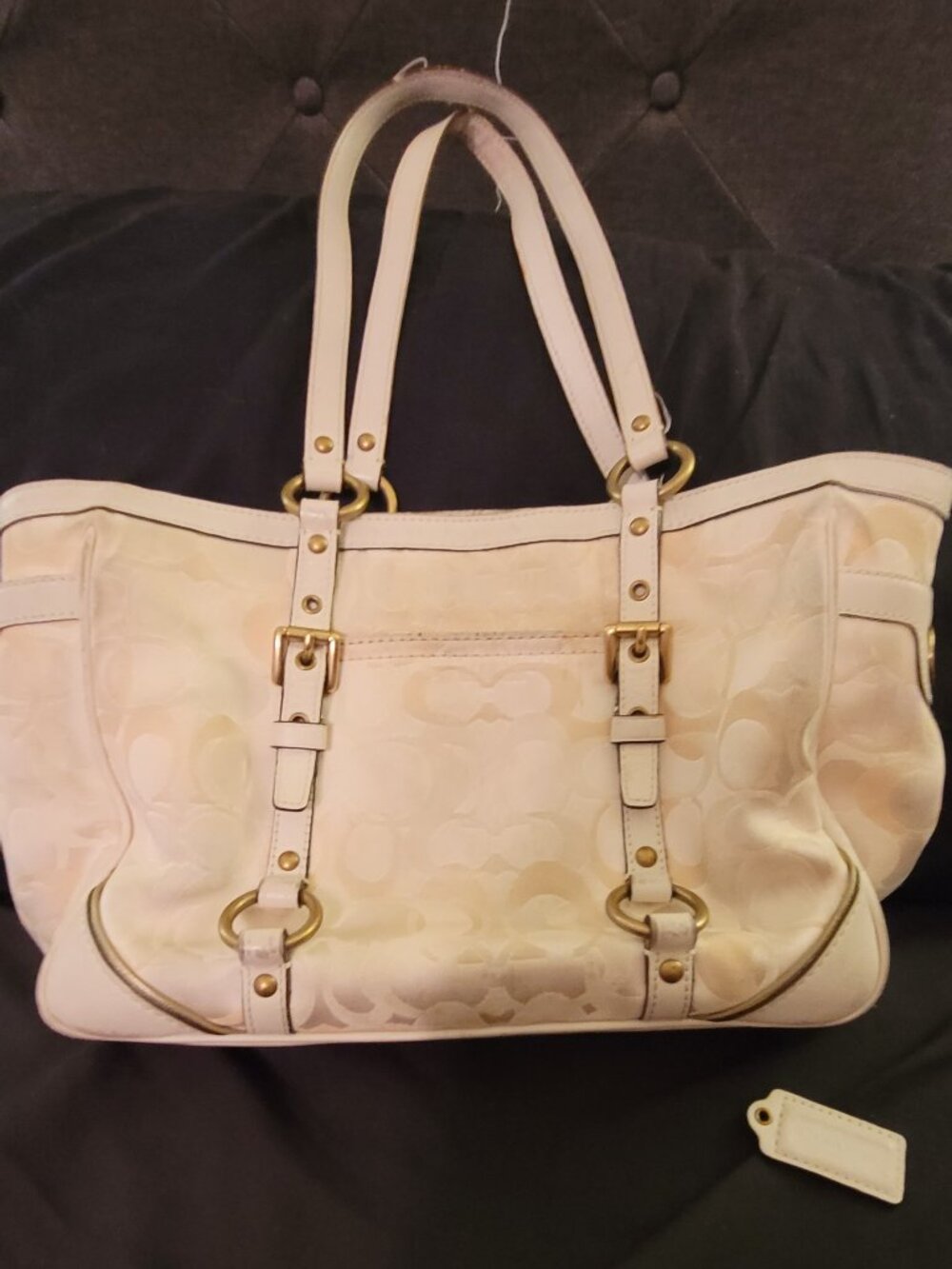 Coach Signature Jacquard Tote F15669 Beige White Leather Buckle Y2K Shoulder Bag